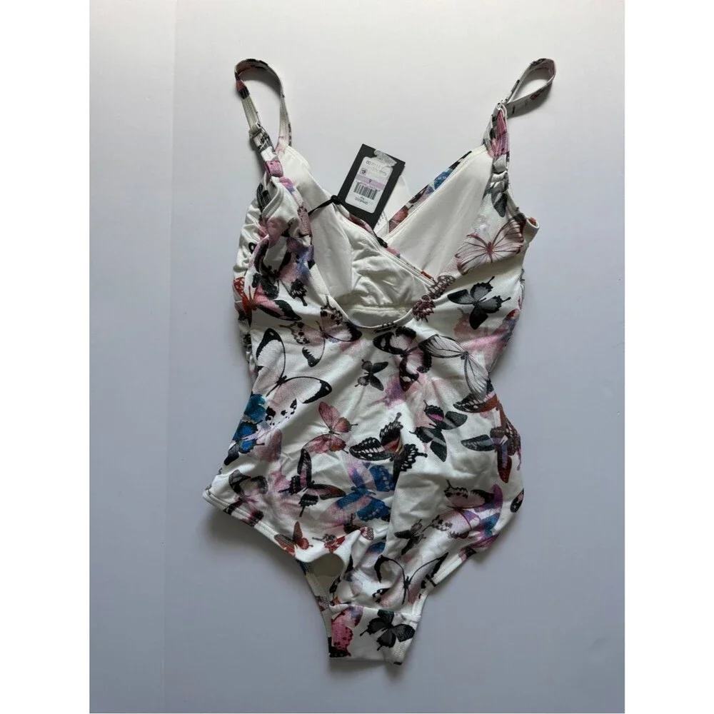 DKNY Butterfly Print One Piece Swimsuit Tummy Control Surplice Size 6 NWT - Picture 3 of 5
